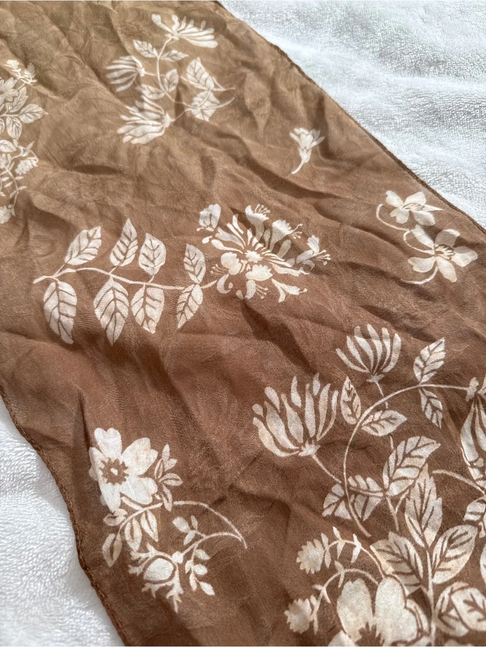 Lauren Ralph Lauren 100% Silk Brown Floral Oblong Skinny Scarf Vintage Boho